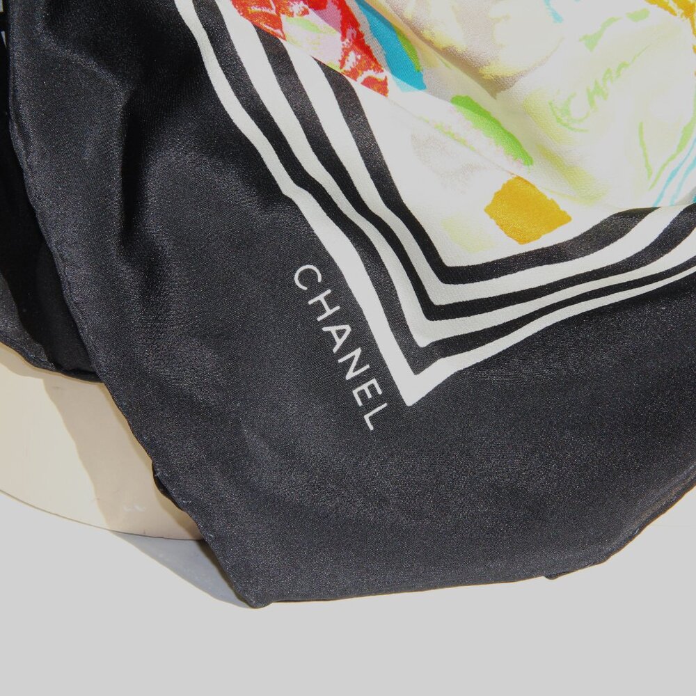 Chanel Black and Multi-Color Silk Scarf. This RARE Color-Authentic Original - Picture 2 of 14